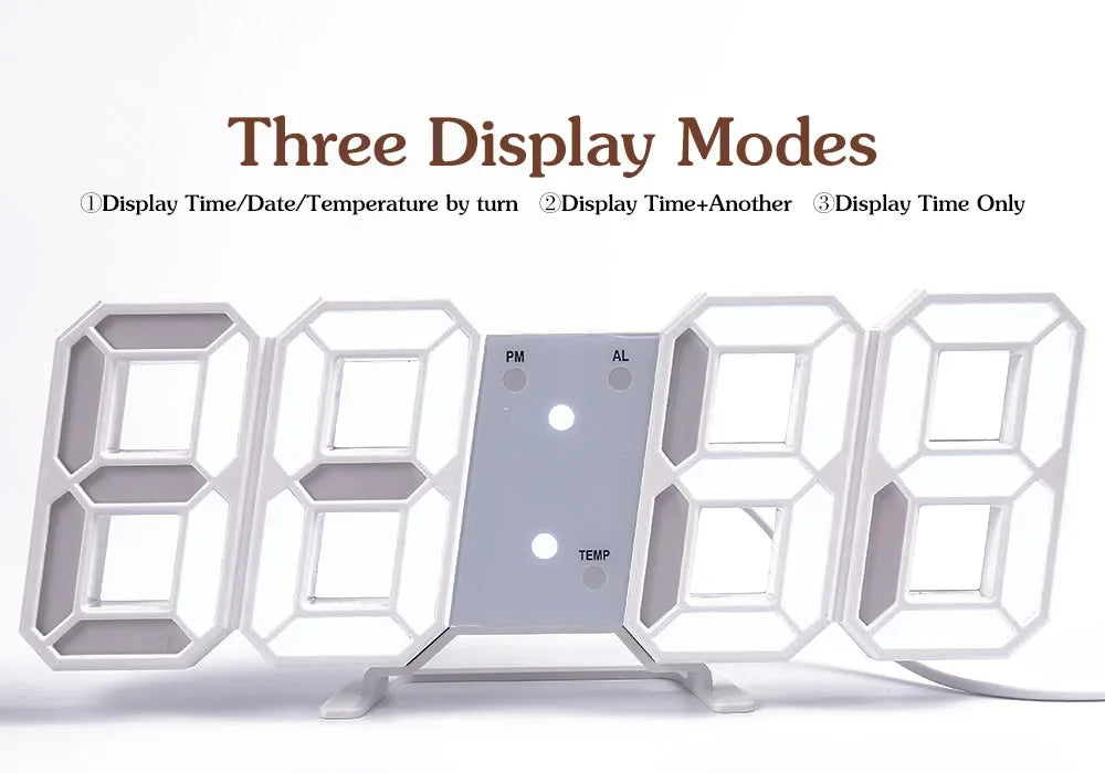 Wall Clock Digital Alarm Modern Kitchen Electronic Smart 3D USB Power Supply LED Time Date Temperature Display Desktop Bedroom