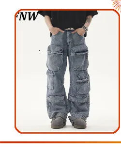 PFNW New Spring Men's Jeans Loose Wide Leg Coating Glossy Patent Leather Straight Male Denim Pants Niche Style 2025 12C509