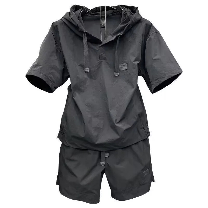 Summer Thin Breathable Sunscreen Men Hooded Short Sleeve Top And Shorts Two Piece Set  Hoodie Suits Casual Loose Outfits Outwear