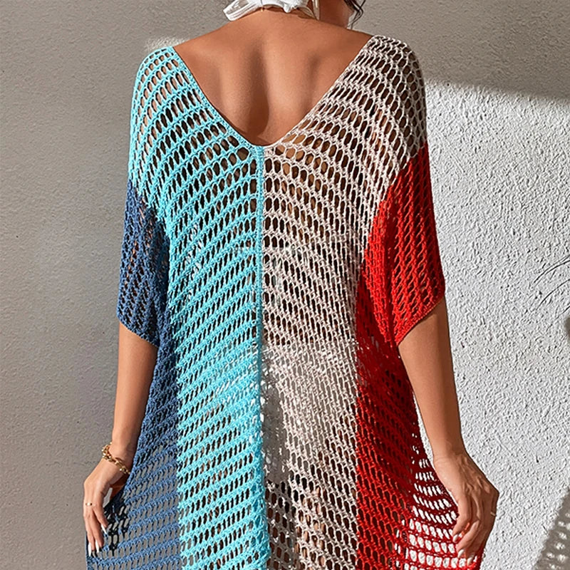 Knitted Contrast Tassel Bikini Summer Beach Cover Up Sexy Hollow Out Women V Neck Loose Beachwear Sunscreen Smock