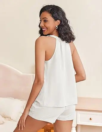 New Summer Women's 2-piece Set Pink V-neck Vest Elastic Pocket White Stylish Black Shorts Set
