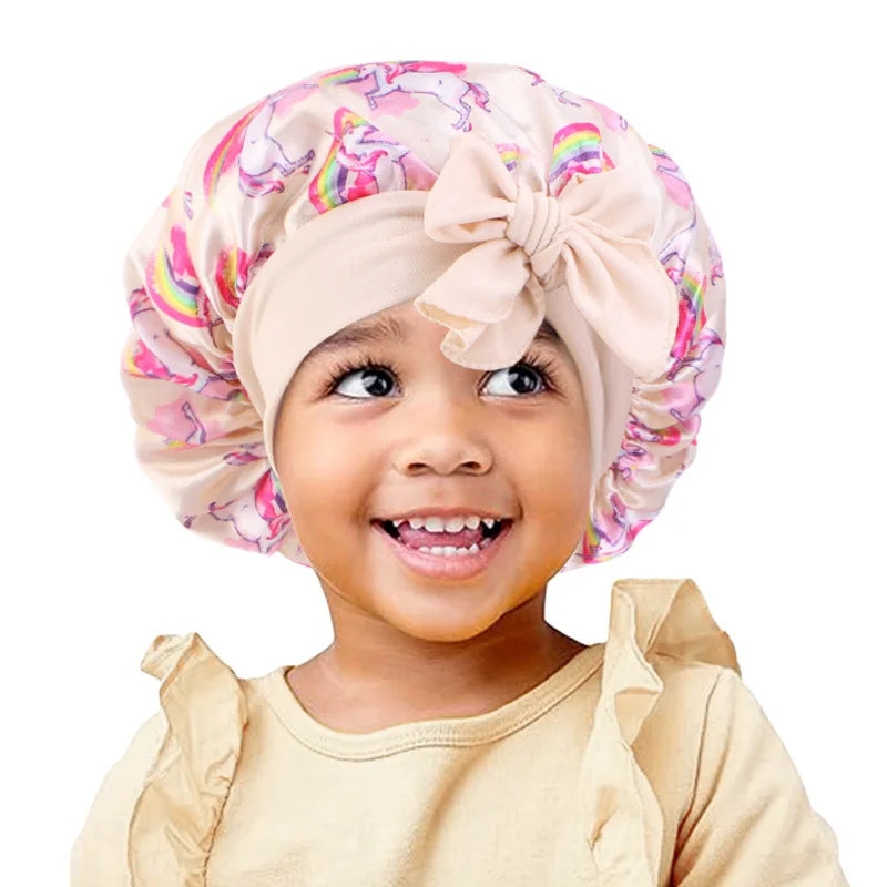 Adjustable Silky Satin Cap  Cartoon Baby Kids Print Satin Bonnet Sleep Hat Cap for Curly Hair