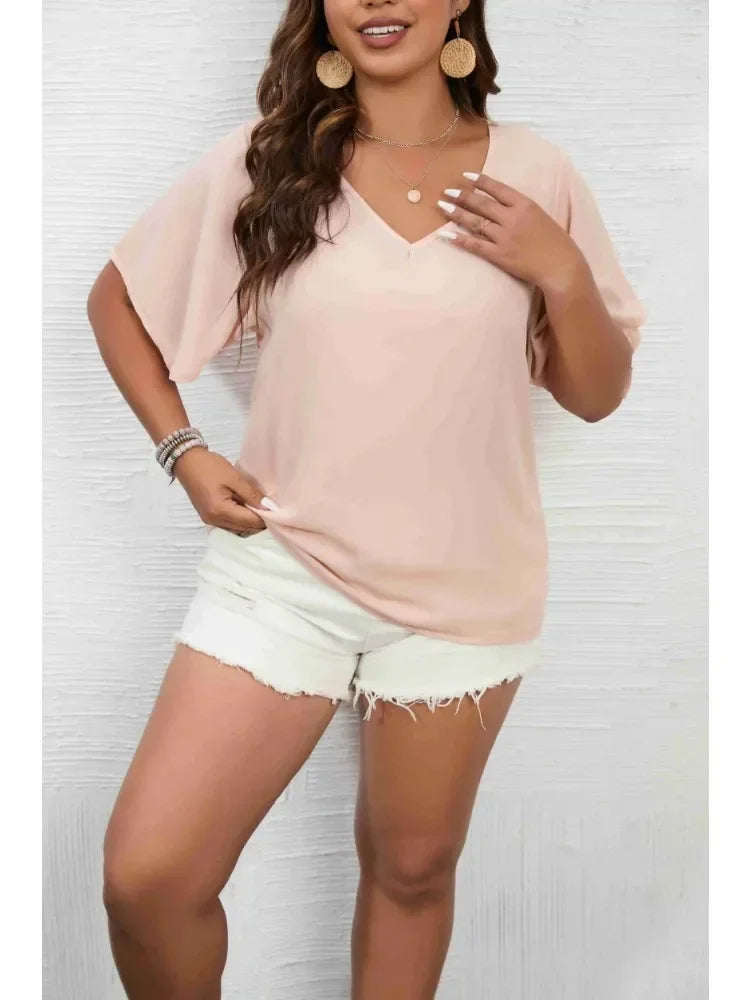 Women's Plus Size 1XL-5XL Solid Color Short Sleeve Blouse V Neck Bell Sleeve Blouse Casual Pullovers Shirt Top