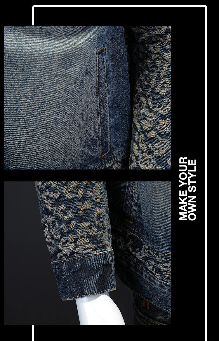 High Quality Jacquard Spliced Denim Jacket for Men Casual Business Social Denim Social Streetwear Jacket Outwear Coat 2025