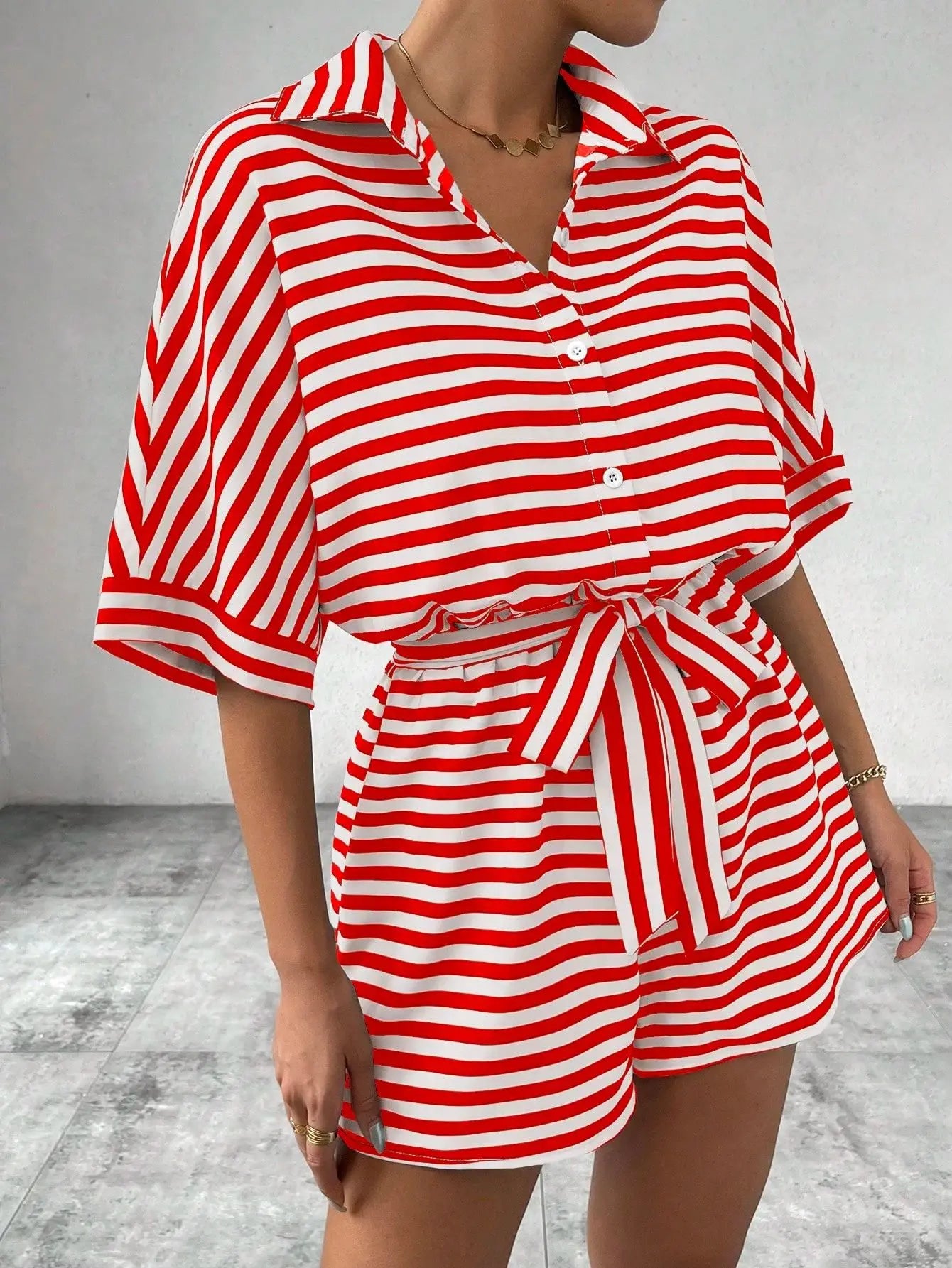 Summer New Set For Women's Casual Loose Comfortable Outfit Fashion Striped Batwing Sleeve Shirt Top+ Shorts 2-piece Sets Woman