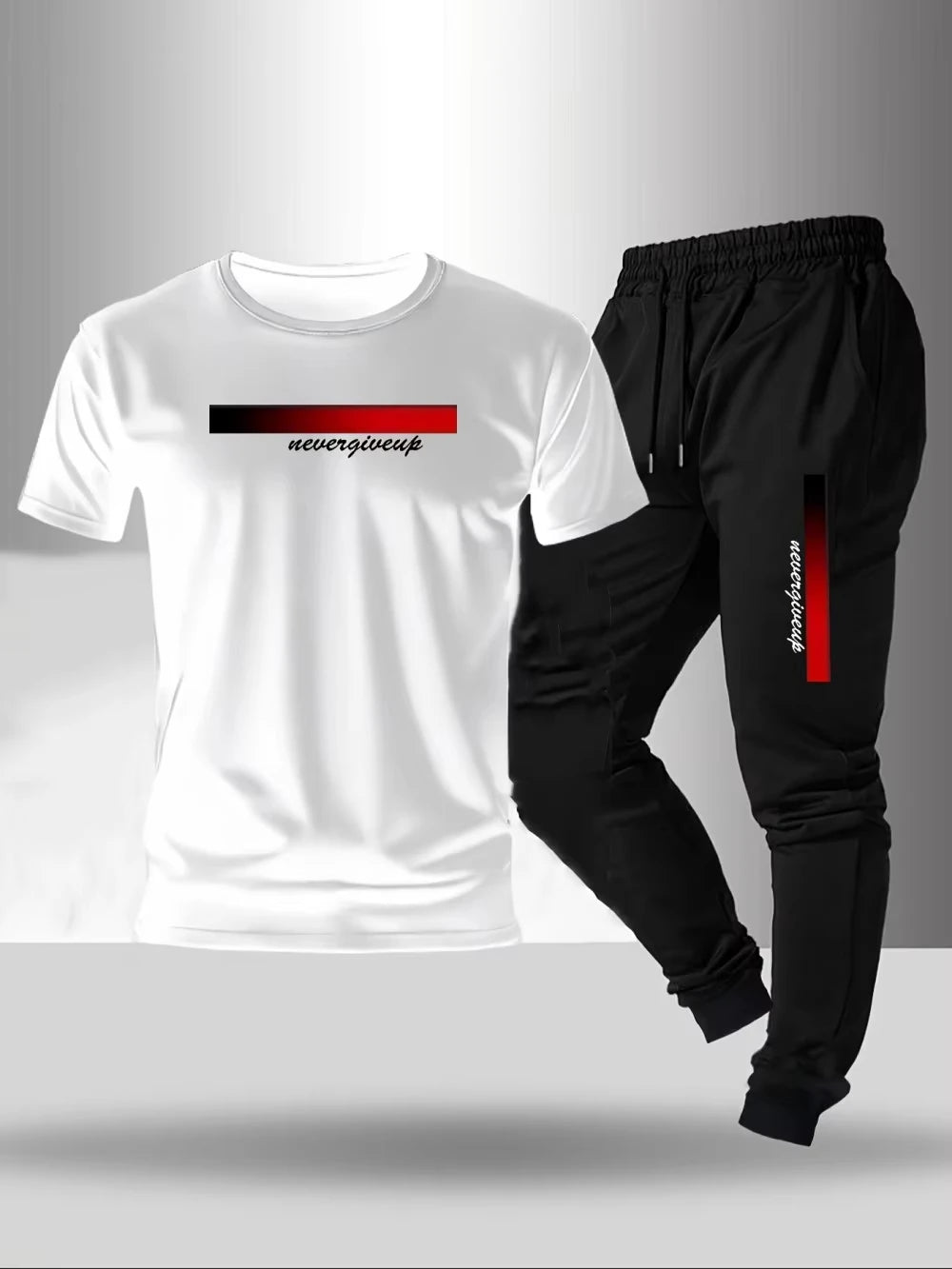 2026 New men's fashionable letter gradient printed breathable T-shirt and drawstring pants set suitable for outdoor casual wear