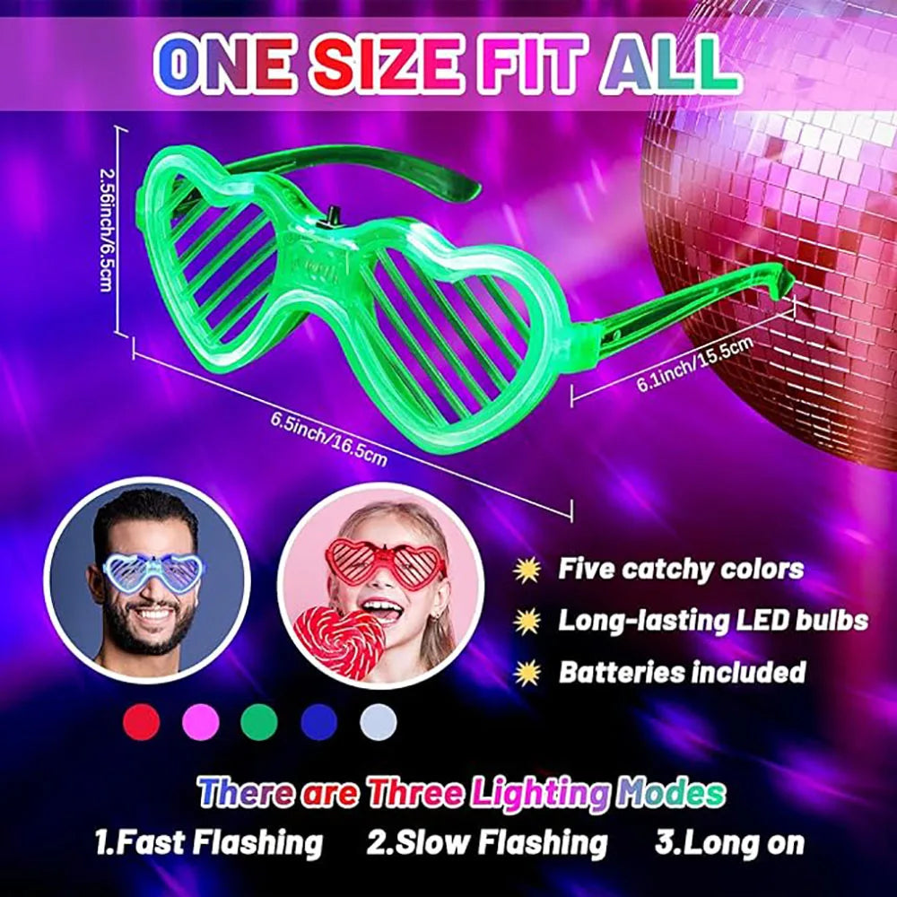 5/10/20/30Pcs Glow In The Dark Glasses Heart Shaped LED Light Up Sunglasses Glow Neon Party Favor for Kids Adults Party Supplies