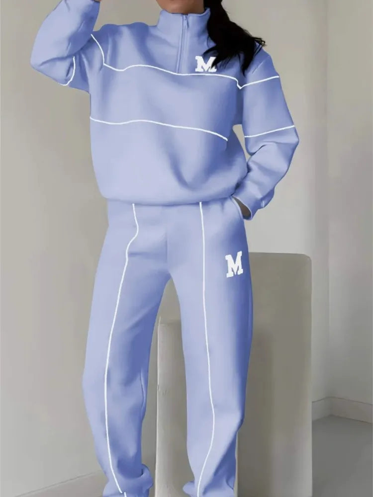 Autumn Winter Women's Fashion Letter Print Sweatshirt Set Casual Zipper Half Open Collar Long-sleeve + Sweatpants Two-piece Set