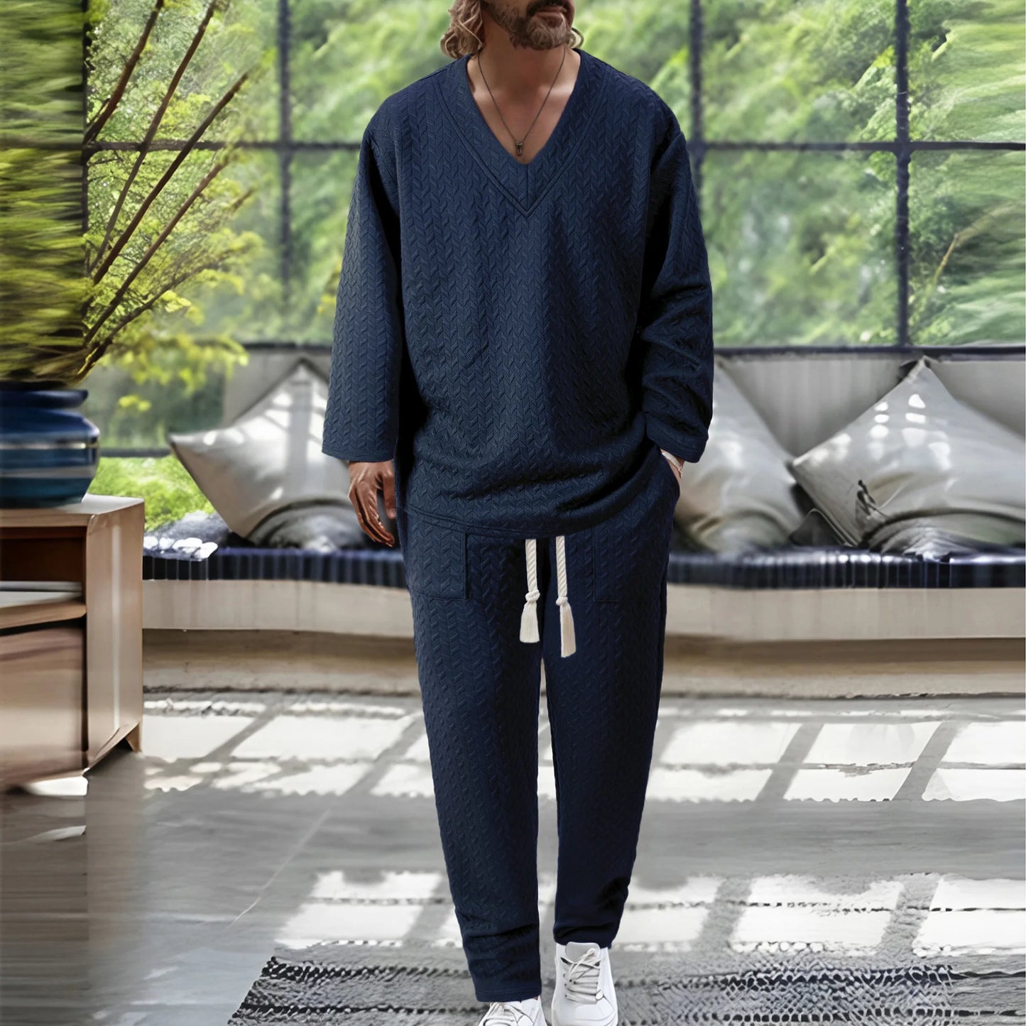 European American Autumn Casual Men's Textured Texture Solid Color V-neck Pullover Short Sleeve Drawstring Pocket Trousers Set