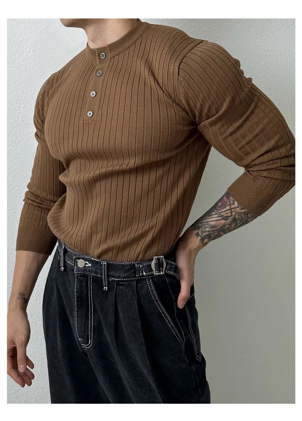 Autumn Clothing Men's Light Luxury Knit Korean Popular Henry Collar T-shirt Button-down Long Sleeve Retro Leisure Knitwear