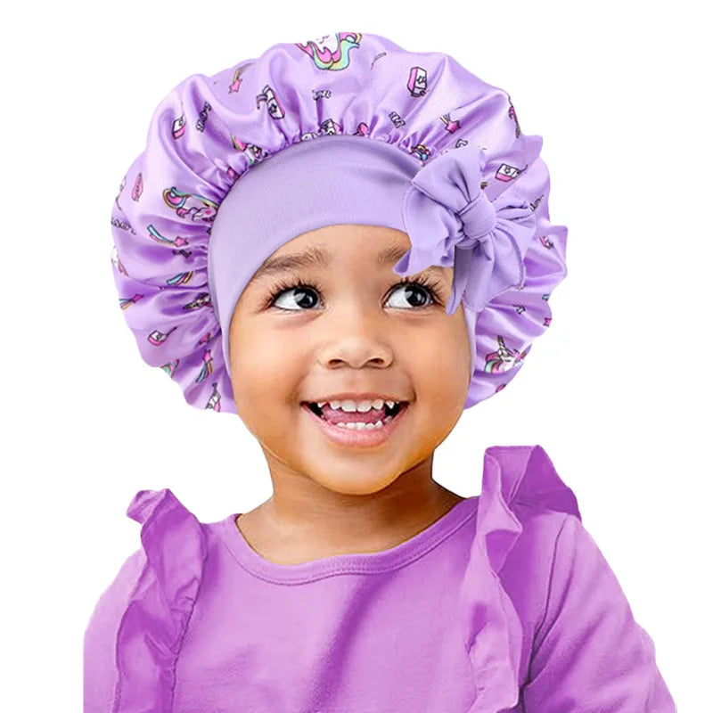 Adjustable Silky Satin Cap  Cartoon Baby Kids Print Satin Bonnet Sleep Hat Cap for Curly Hair