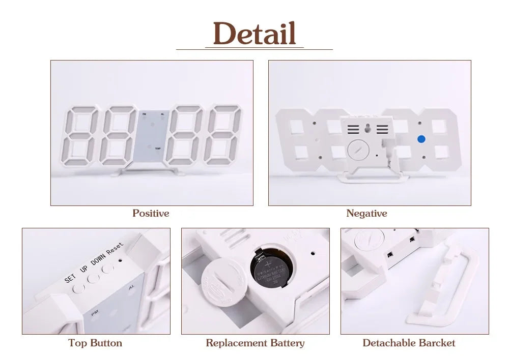 Wall Clock Digital Alarm Modern Kitchen Electronic Smart 3D USB Power Supply LED Time Date Temperature Display Desktop Bedroom