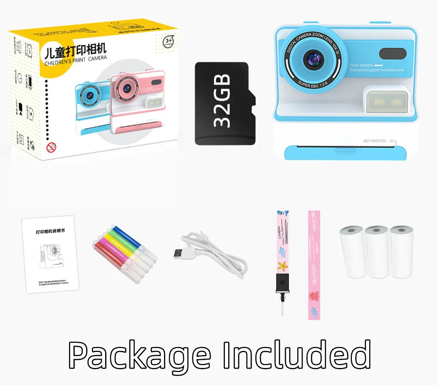 Kids Instant Print Camera 1080P 48MP 2.4 Inch Screen 16X Zoom Children Camera Thermal Printer Portable Travel Selfie Camera Toy