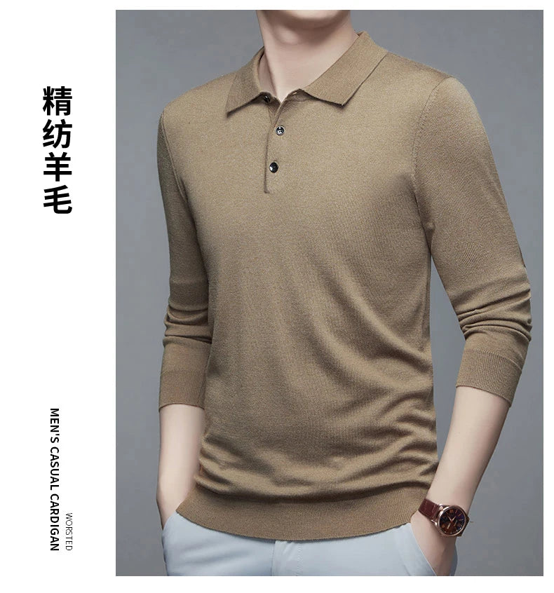 Men's Fine Wool Sweater Polo Collar Pullover Spring Autumn New Cashmere Knitwear Smart Casual Loose Men's Shirts Warm Soft Tops