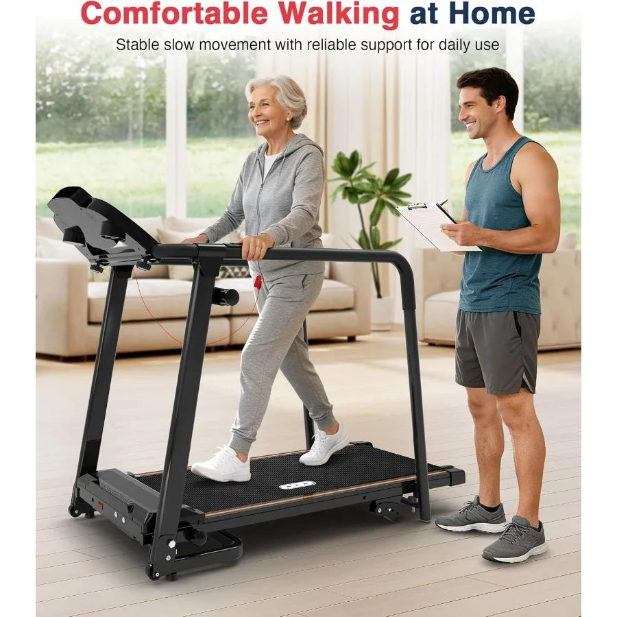 Foldable Walking Treadmill for Seniors with Long Handrails and Cup Holder 300 lbs Capacity Lightweight with Wheels Ideal for Ho