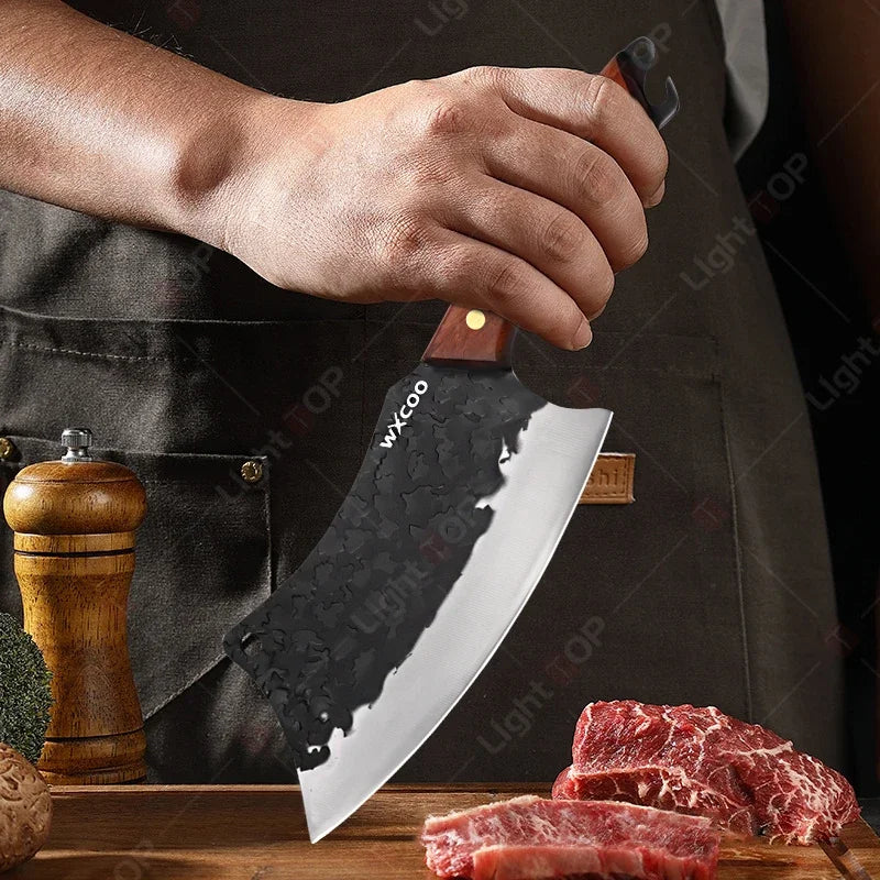 Kitchen Knife Supplies Forged Butcher Knife Fruit Slicing Bottle Opener Knife Multipurpose BBQ Cooking Chef Knife Wood Handle