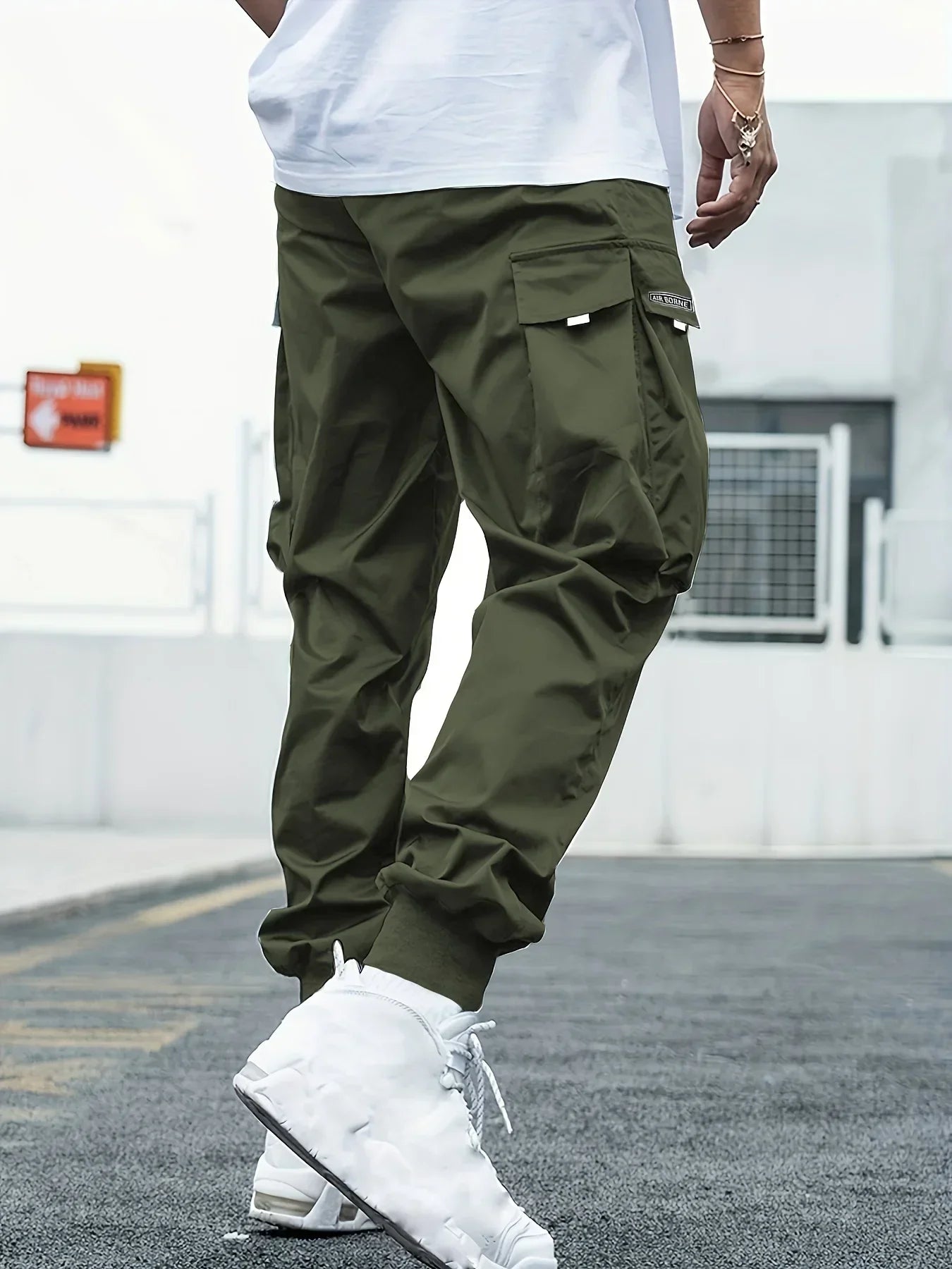 Plus Size Solid Color Spring Summer Men Casual Drawstring Cargo Pants Pockets Black Loose Out Door Elasticity Oversize Pants