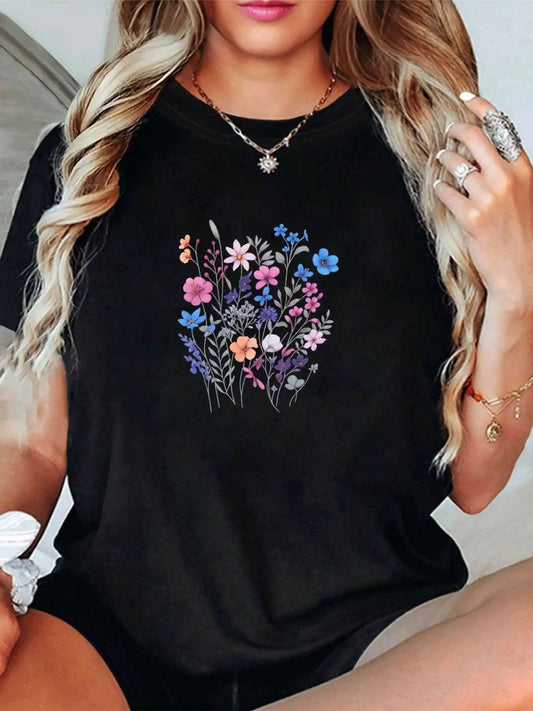 【009232】Plus size women's round neck short sleeve T-shirt with elastic half sleeves and trendy prints