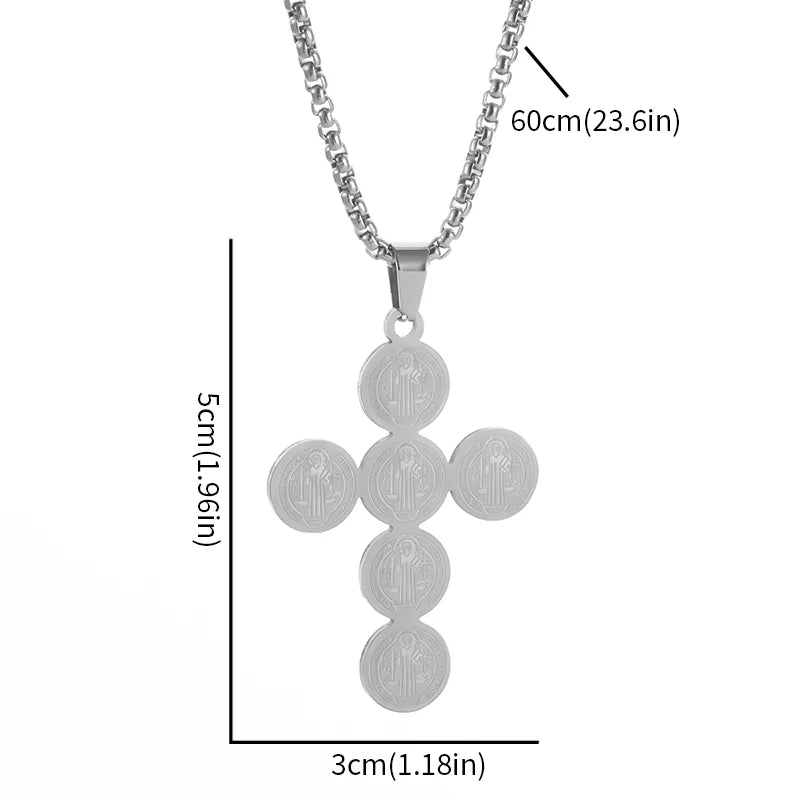 Stainless Steel Christian Saint Benedict Cross Pendant Necklace for Men's Fashionable Retro Religious Lucky Talisman Jewelry