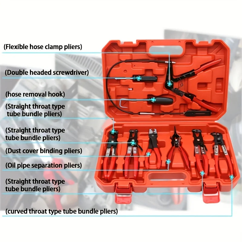 9pcs Hose Clamp Pliers, with Flexible Wire Long Reach Hose  Swivel Jaw and Flat Band Pliers，Hose Clamp Tool