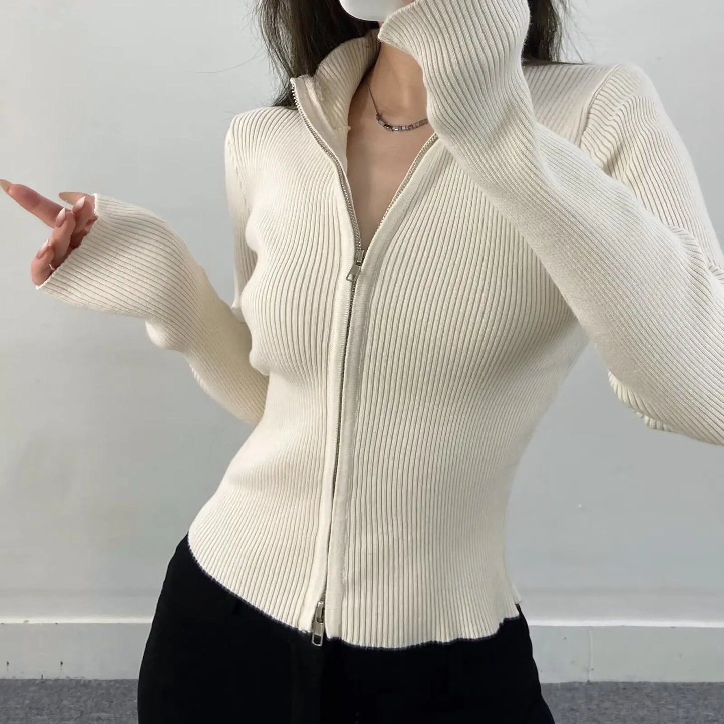 Slim Fit American Style Knitted Cardigan Women's Double Zipper Open Front Pure Desire Autumn Fashion Outerwear BM Style