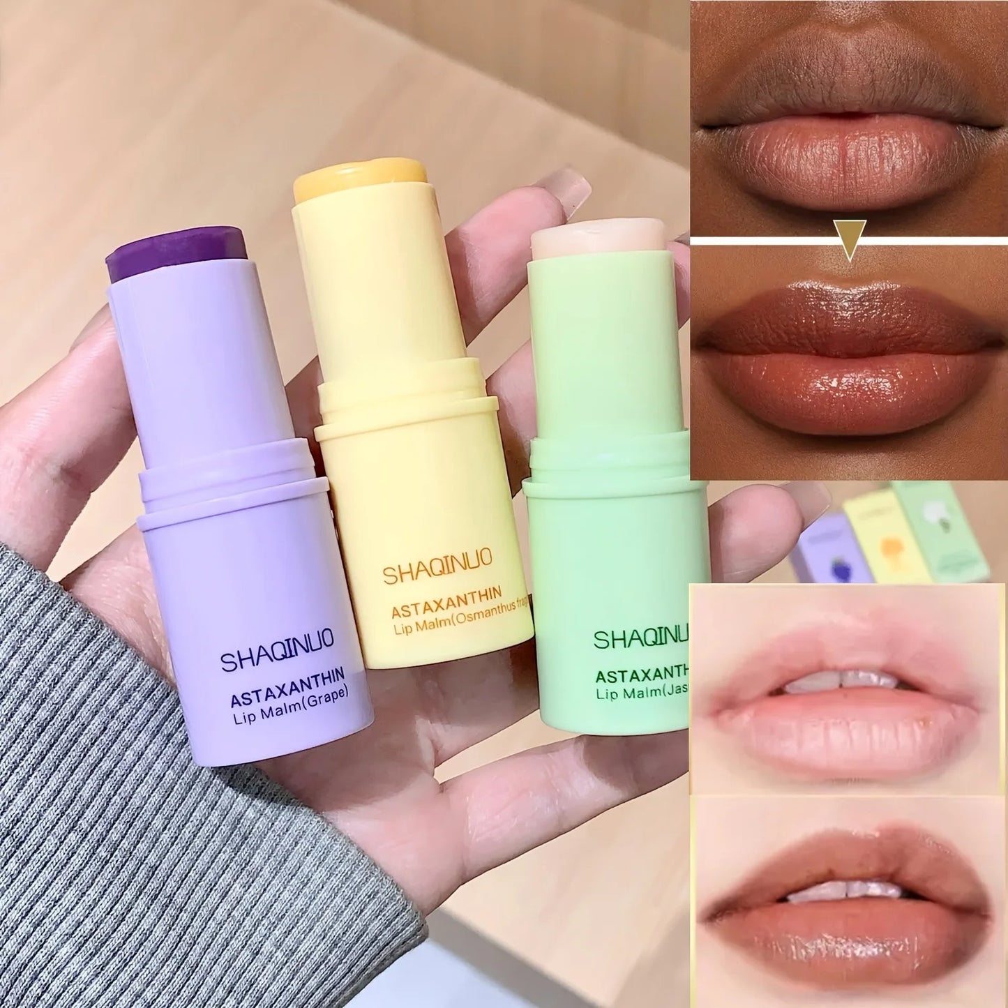 3-Color Lip Balm - Osmanthus, Jasmine Tea, and Grape Scents ,lip care, hydrating and nourishing