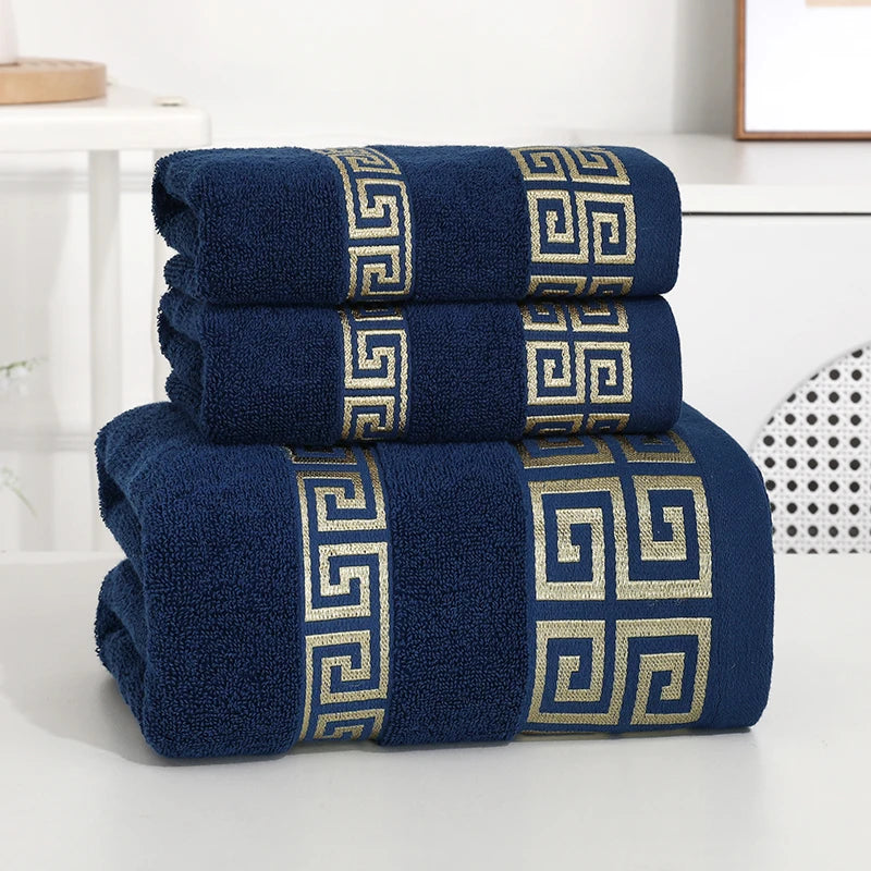 3pcs Set Cotton Towel 2pcs Hand Towel 34x74cm and 1pcs Big Bath Towel 70x140cm Blue White Brown Geometric Embroidered Gift Towel