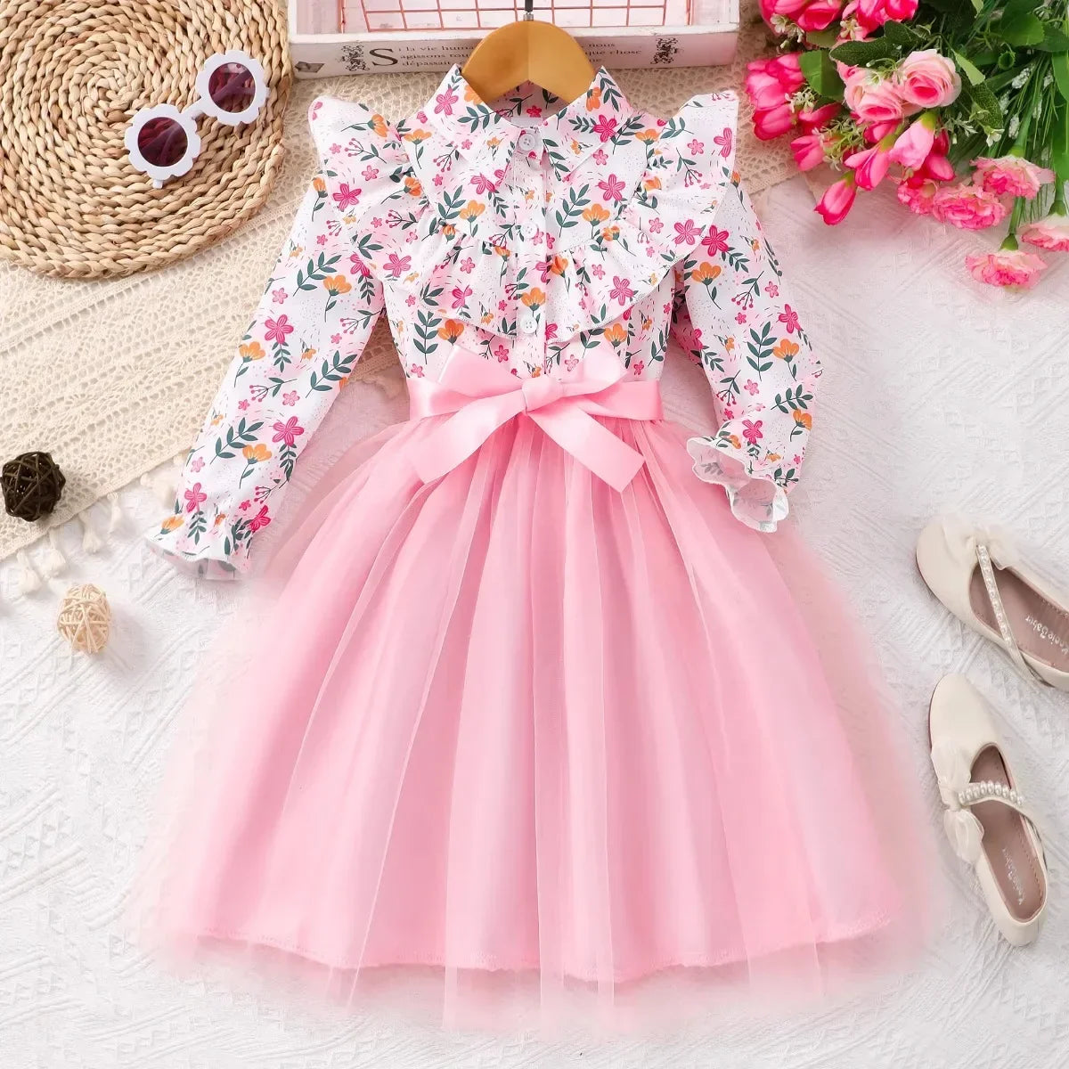 New Autumn Kids Girls Dress Long Sleeve Spring Gauze Belt Children Dress Soft Ventilate Cute Comfort Girls Clothing 2-7 Years