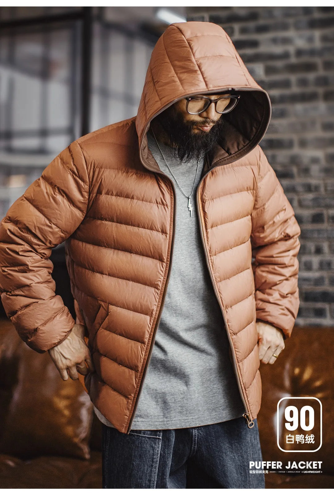 Maden Winter Men's Hooded Down Jacket Lightweight Hydrophobic White Duck Down Filling Coat Warm Inner Layer for Fall Winter