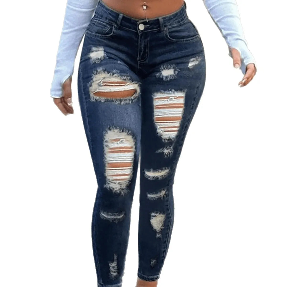 Women's Slim Fit Denim Jeans High Elasticity Mid Waist Hole Punching Washed Skinny Jeans Sexy Style Cross-Border Jeans