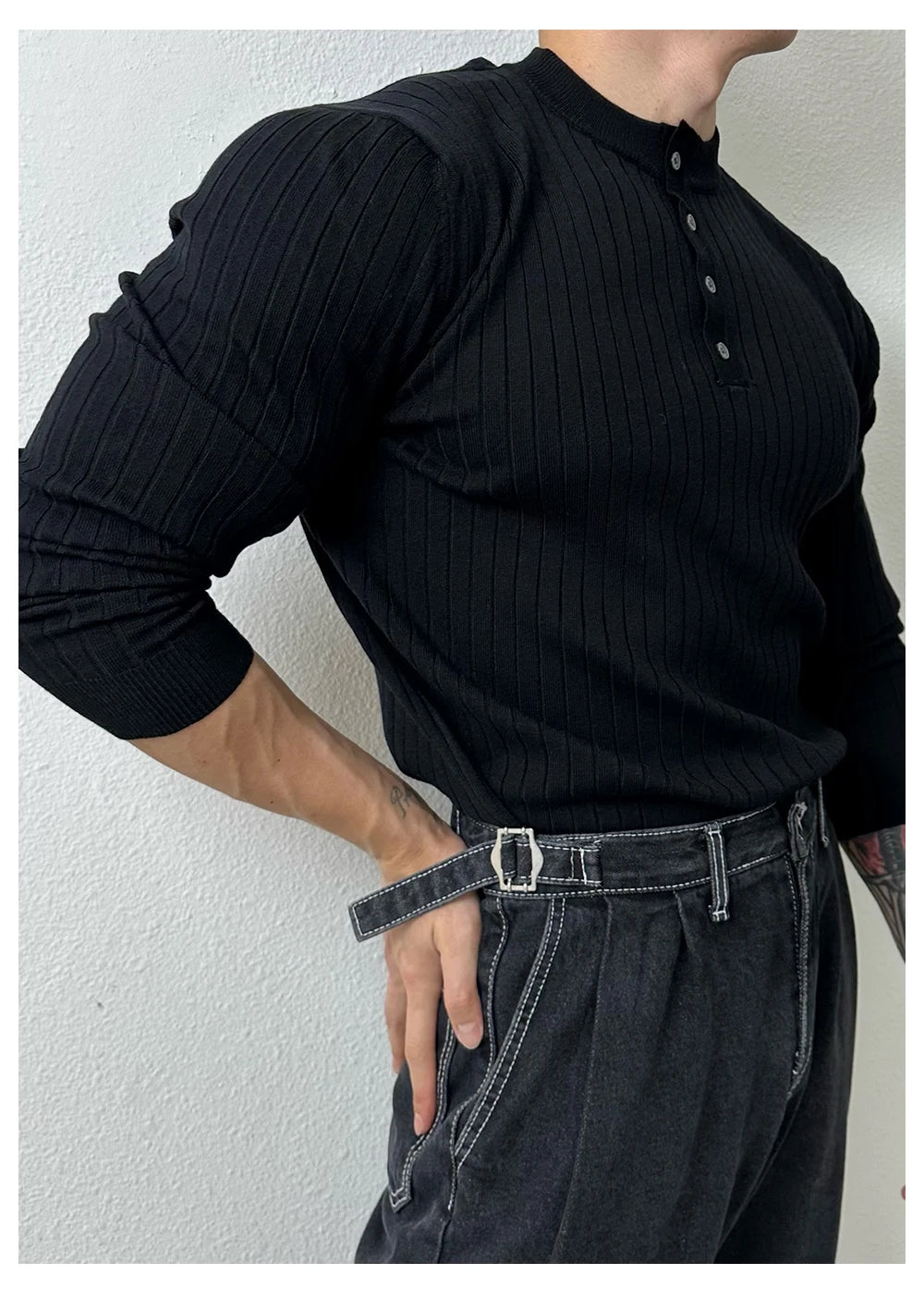 Autumn Clothing Men's Light Luxury Knit Korean Popular Henry Collar T-shirt Button-down Long Sleeve Retro Leisure Knitwear