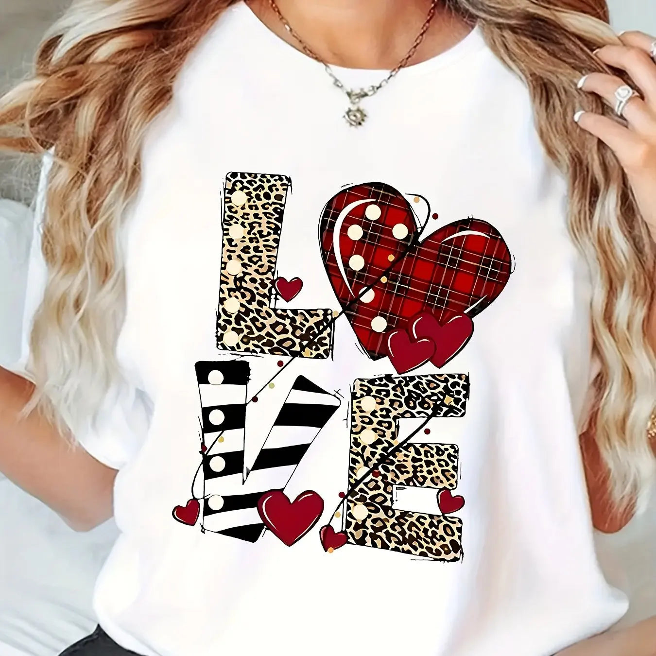 Ladies' Spotted Striped Love Valentine's Day Directional Printed Short sleeved T-shirt