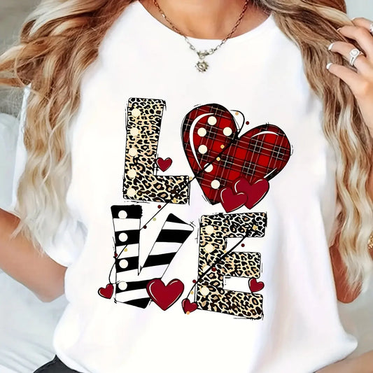 Ladies' Spotted Striped Love Valentine's Day Directional Printed Short sleeved T-shirt