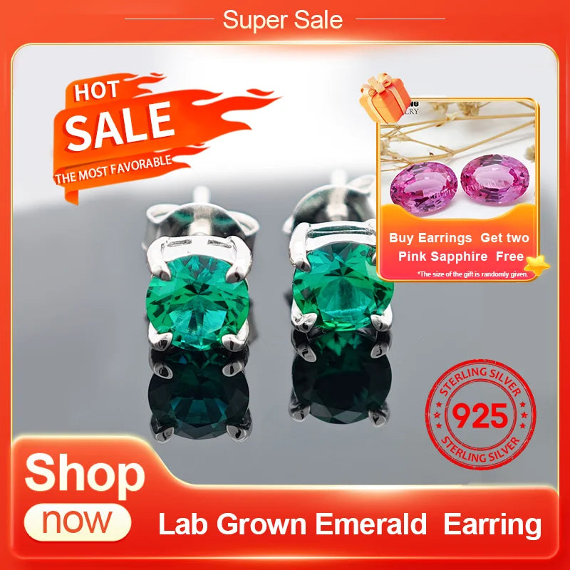 ChuPing Fine Jewelry Lab Grown Emerald Round Shape S925 Silver Earring for Women Evening Party Valentine's Day Or Birthday Gift