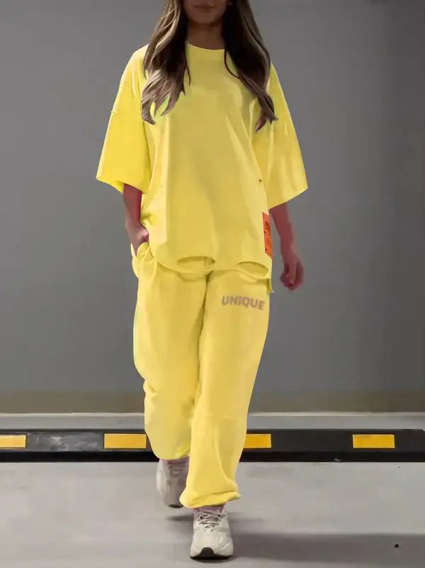 Summer New Fashion Hollowed Out O Neck T Shirt Women's 2 Piece Set Solid Color Casual Relaxed Tracksuit Pants Pocket Female Suit