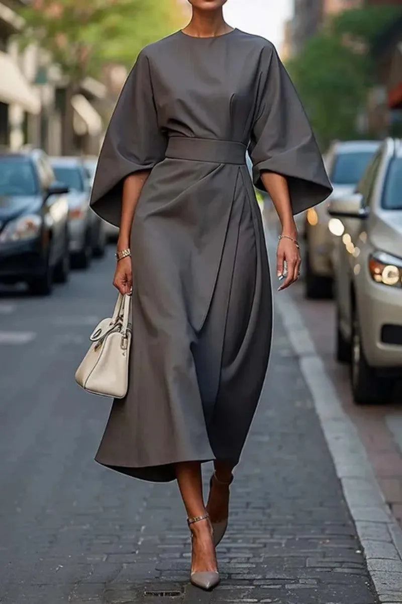 2025 Women's Fashion Temperament Elegant Solid Color Waist Dress Casual Bat Sleeve Long Skirt Vestidos De Mujer