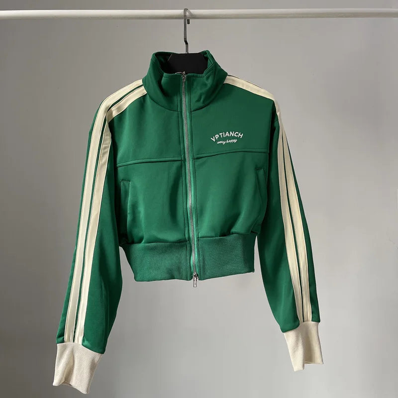 [YOZOU] Spring Double Zipper Baseball Cropped Jacket Women Outerwear Embroidered Striped Green Black White Blue Zip Up Coat