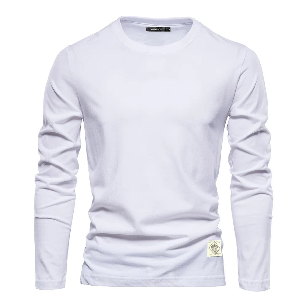 2025 White Men‘s T-shirts 100% Cotton Long Sleeve Casual Tops Solid Color High Quality Black T-Shirt Spring Autumn Men Clothing