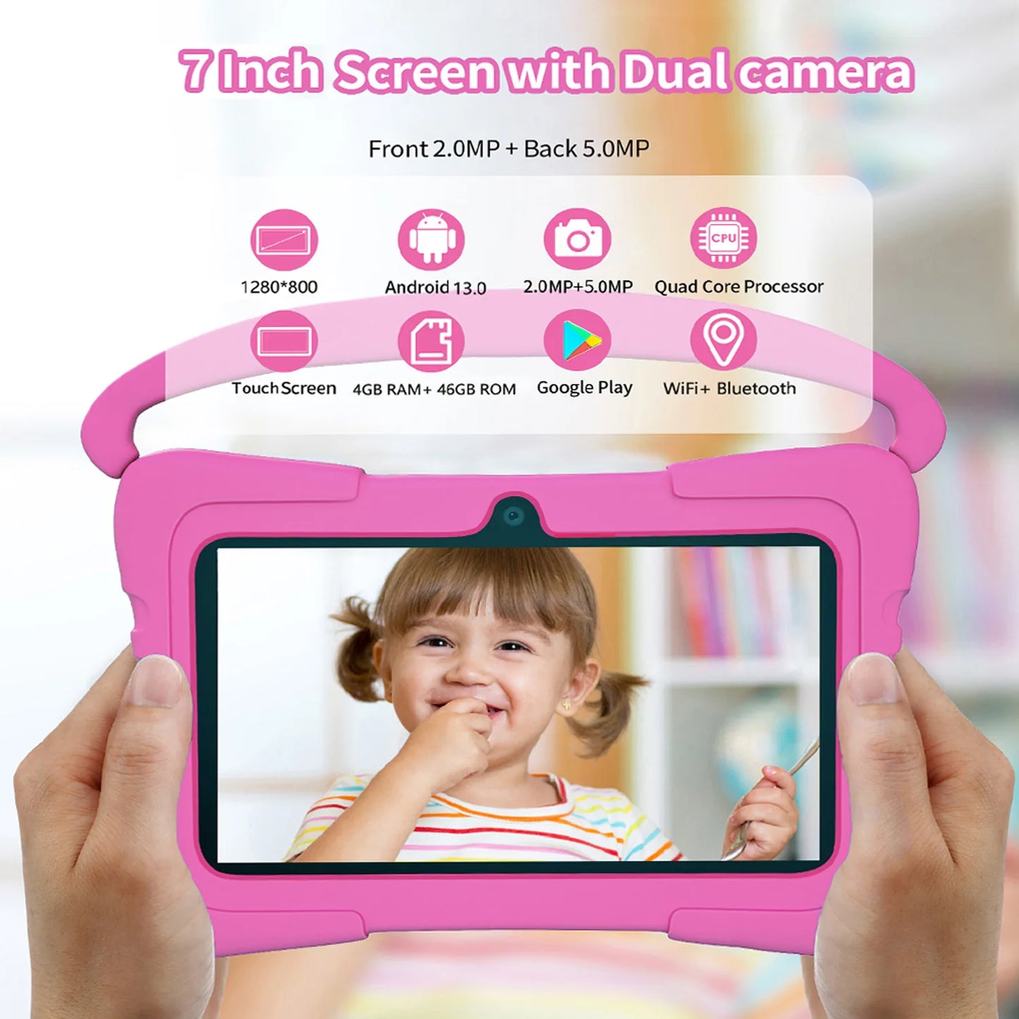 BDF-K3 Kids 7 Inch Android Tablets Quad Core 4GB+64GB ROM Cartoon Portable with Kids-Proof Protective Case Best Gift for Childre