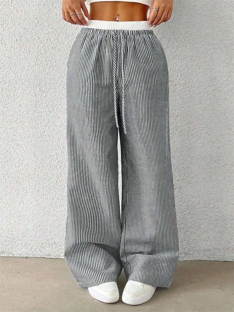 Casual Striped Woven Wide Leg Pants for Women Autumn Winter Casual Stylish Full Length Trousers Y2K Clothes Streetwear