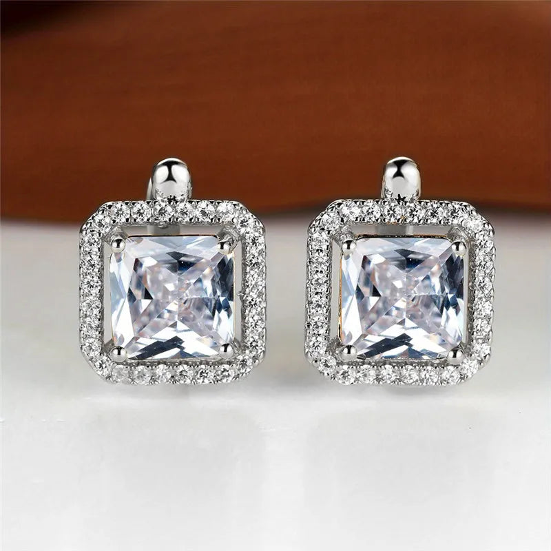 Female Luxury Green Square Zircon Stone Clip Earrings Charm Silver Color Wedding Jewelry For Women