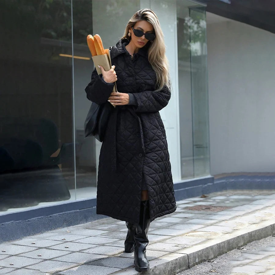 Conciso Women's Coat Spring Autumn Solid Color Lapel Gathered Waist Office Versatile Parka Long Belt Diamondback Jacket M25002