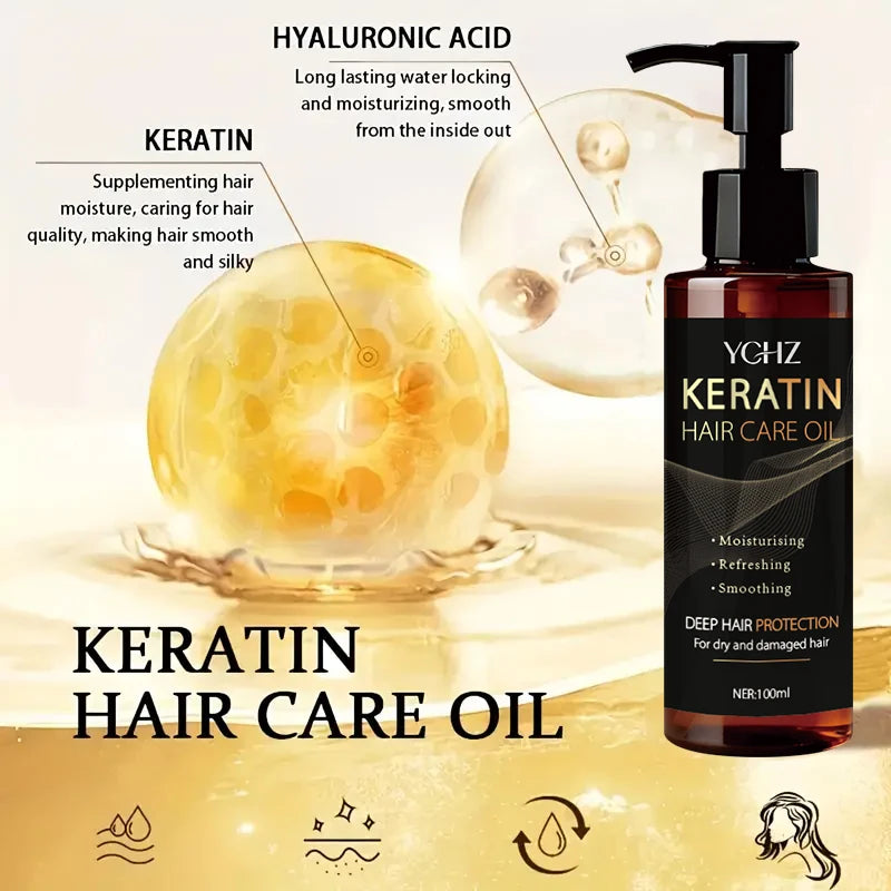 Keratin Hair Oil, Nourishes and Protects Hair, Effective Moisturizing Care, Instantly Makes Hair Shiny and Smooth, with a Charming Fragrance, Suitable for All Types of Dry and Frizzy Hair