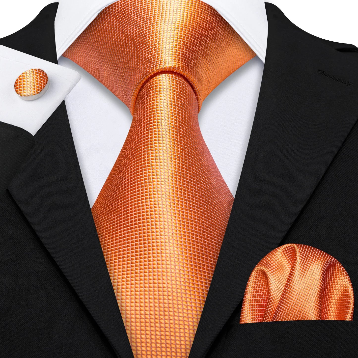 Barry.Wang Orange Brown Silk Mens Tie Hanky Cufflinks Set Gold Coffee Jacquard Designer Necktie For Male Wedding Business Party