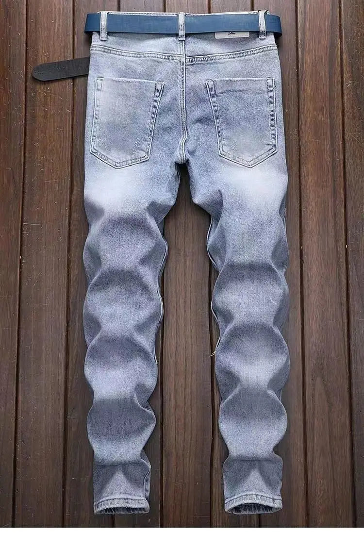 New Spring Autumn Wash Denim Korean Style Blue Designer Cowboy Cycling Motorcycle Splice Vintage Cargo Strech Pant Jean Trousers