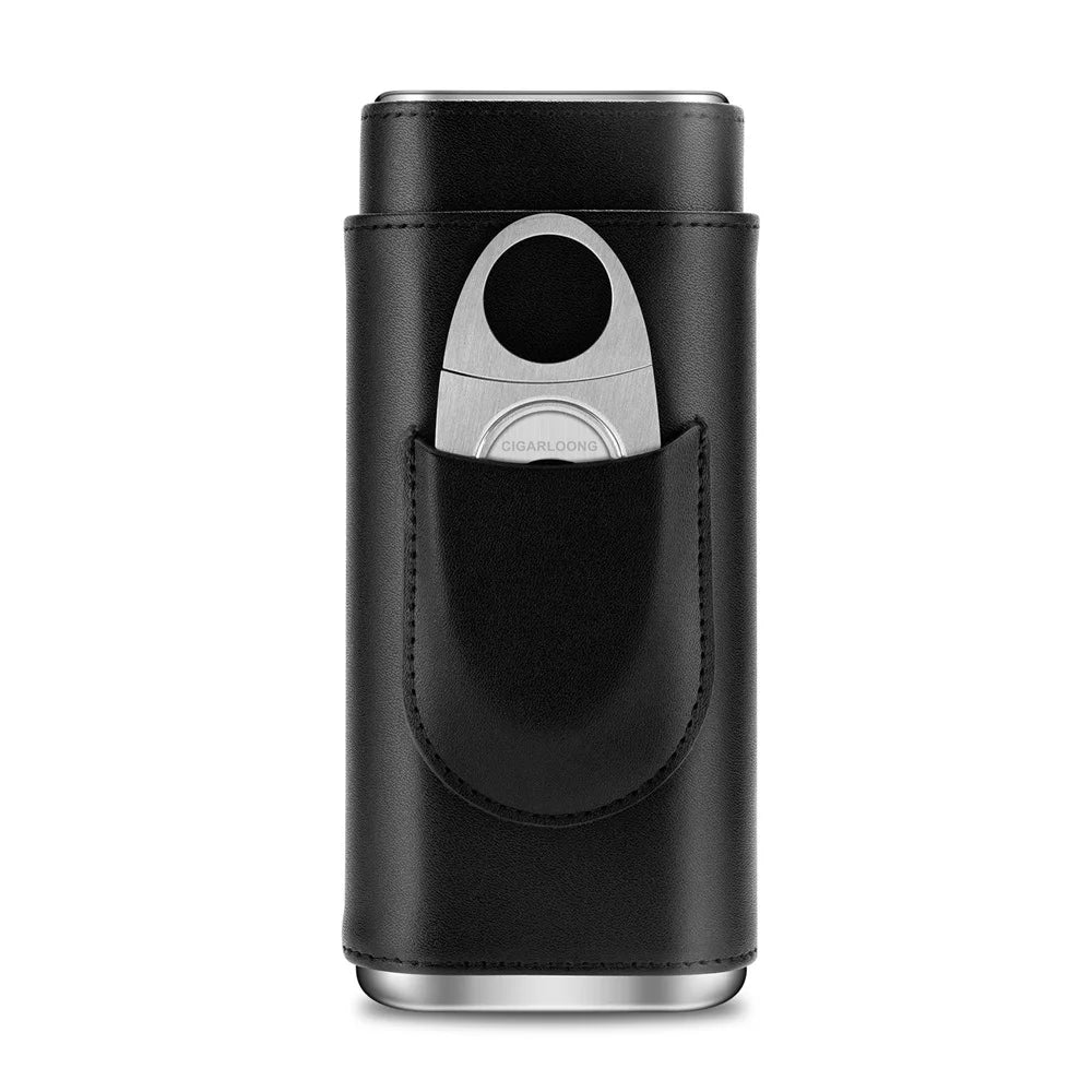 3-pack Cigar Case Luxury Portable Leather Holder Box Storage with Stainless Steel Sharp Cigar Cutter Smoking Accessories CH-24FA
