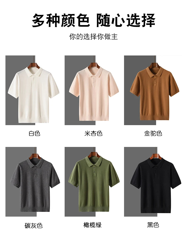 2025 Classic Polo Neck T-Shirt Pullover Men Knitwear Wool Lyocell Blend Sweater Short Sleeved Cool High-Quality Clothing Tops