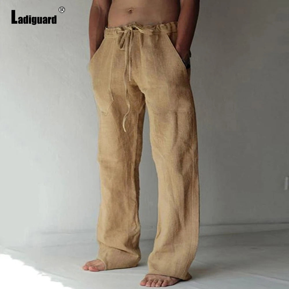 Plus Size 5xl Mens Loose Pants 2025 Summer Casual Linen Pants Male Fashion Print Trouser Men Patchwork Drawstring Leisure Pant