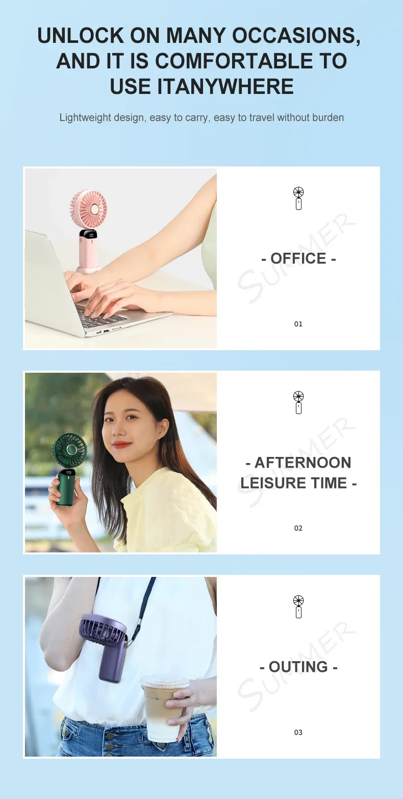 3000mAh Handheld Mini Fan Foldable Portable Neck Hanging Fans 5 Speed USB Rechargeable Fan with Phone Stand and Display Screen