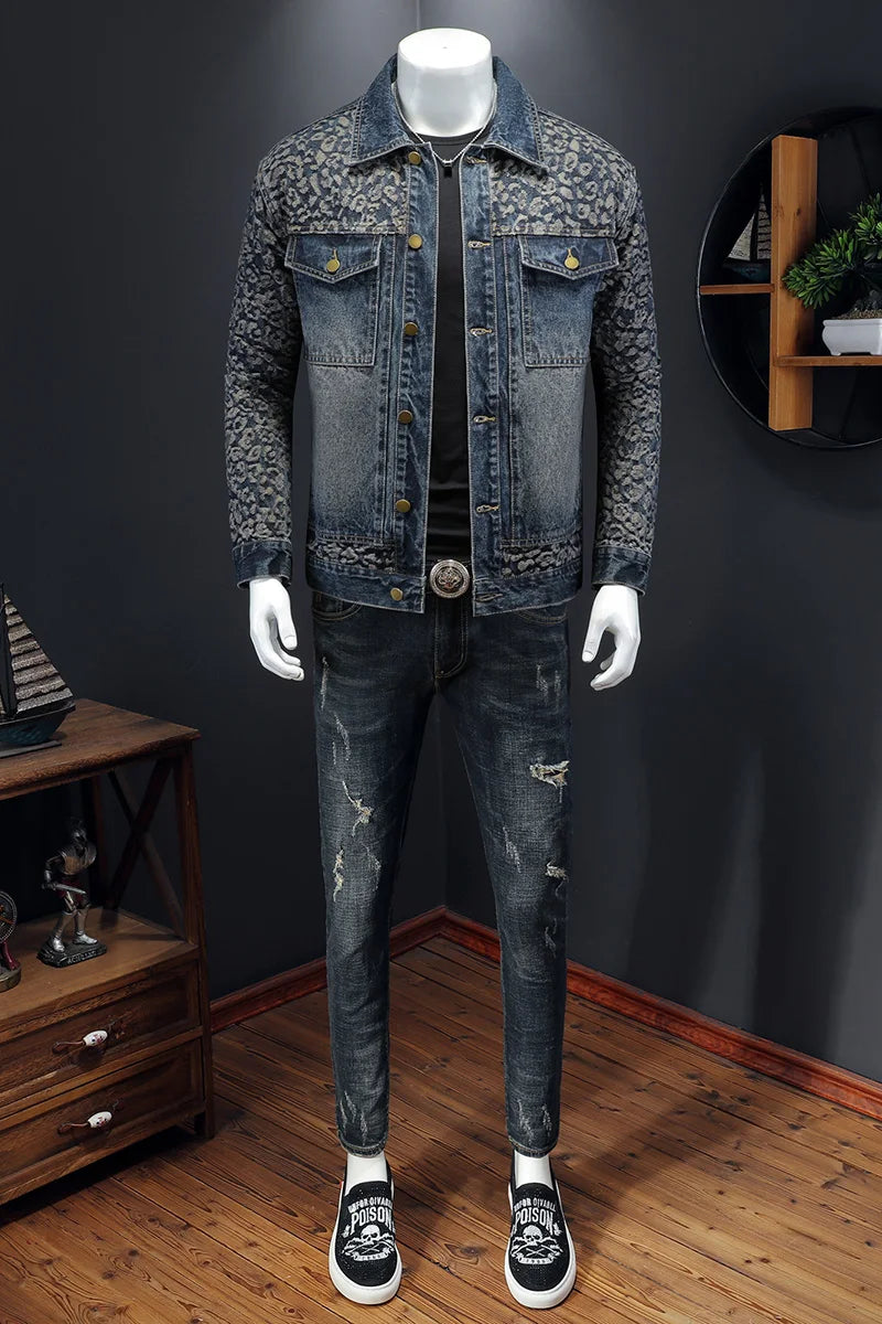 High Quality Jacquard Spliced Denim Jacket for Men Casual Business Social Denim Social Streetwear Jacket Outwear Coat 2025